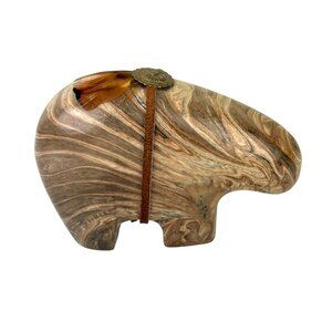 Zuni Fetish Bear Stone Carving Signed Native American Art Statue Feather Leather